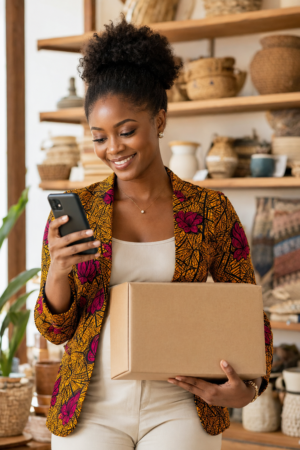 A Ghanaian shopper using ShopHive on her phone